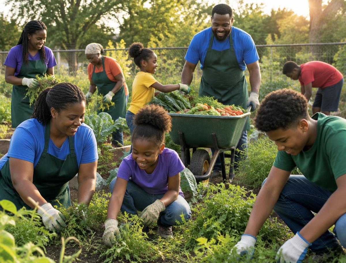 Families and teens volunteering in a community garden