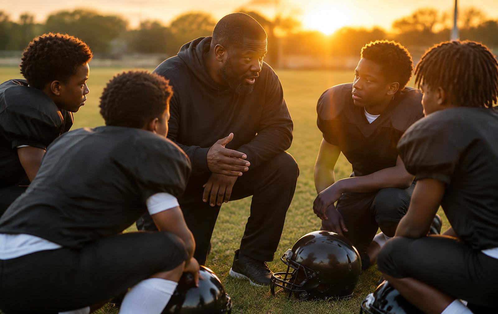 Youth athletes huddled with their coach at sunset